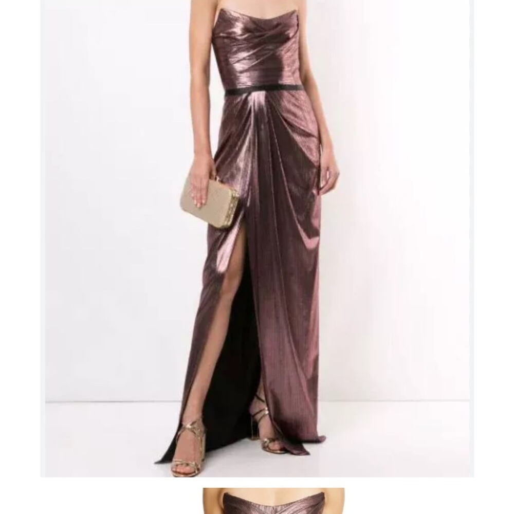 NWT Marchesa Notte Metallic Lame Strapless Belted Column Gown Sz 10